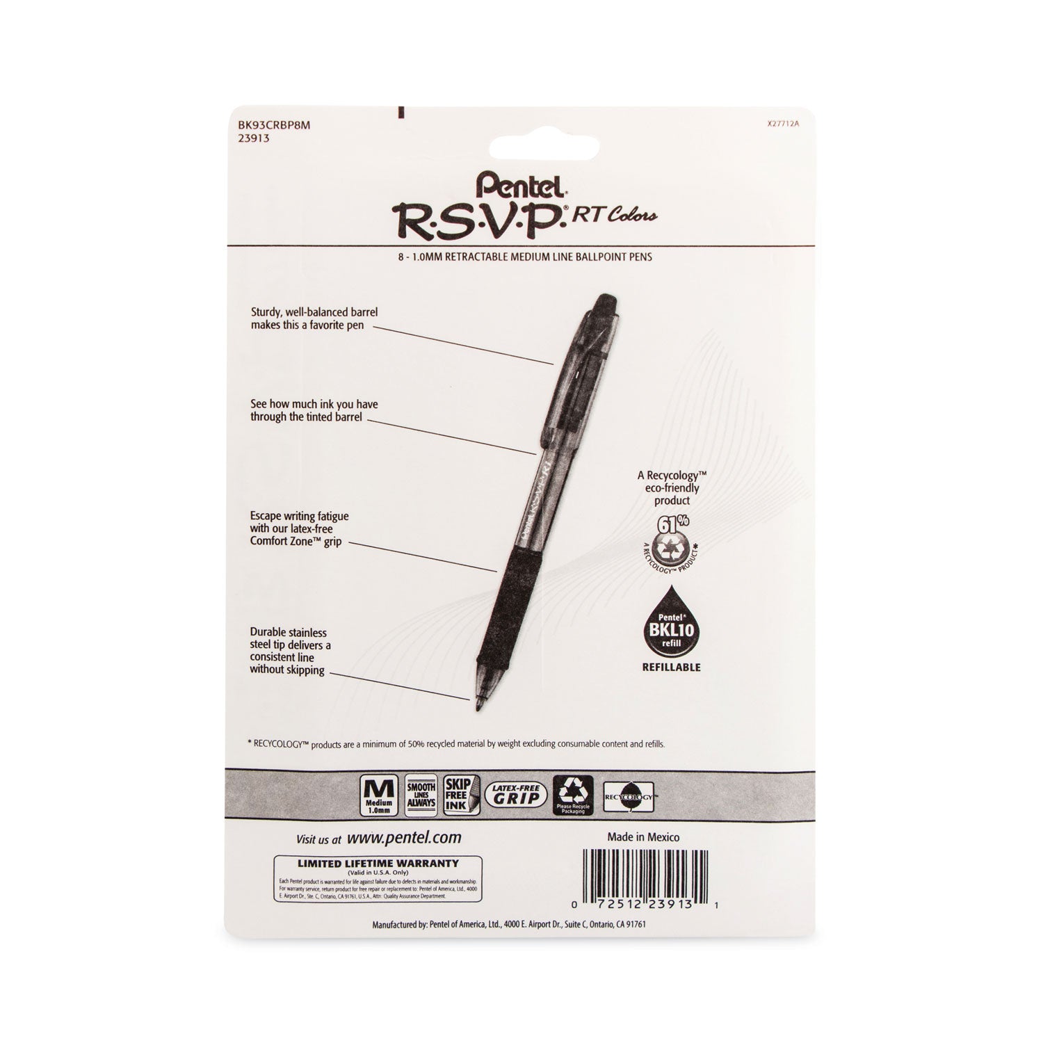 Pentel® R.s.v.p. Rt Ballpoint Pen, Retractable, Medium 1 Mm, Assorted Ink Colors, Clear Barrel, 8/pack