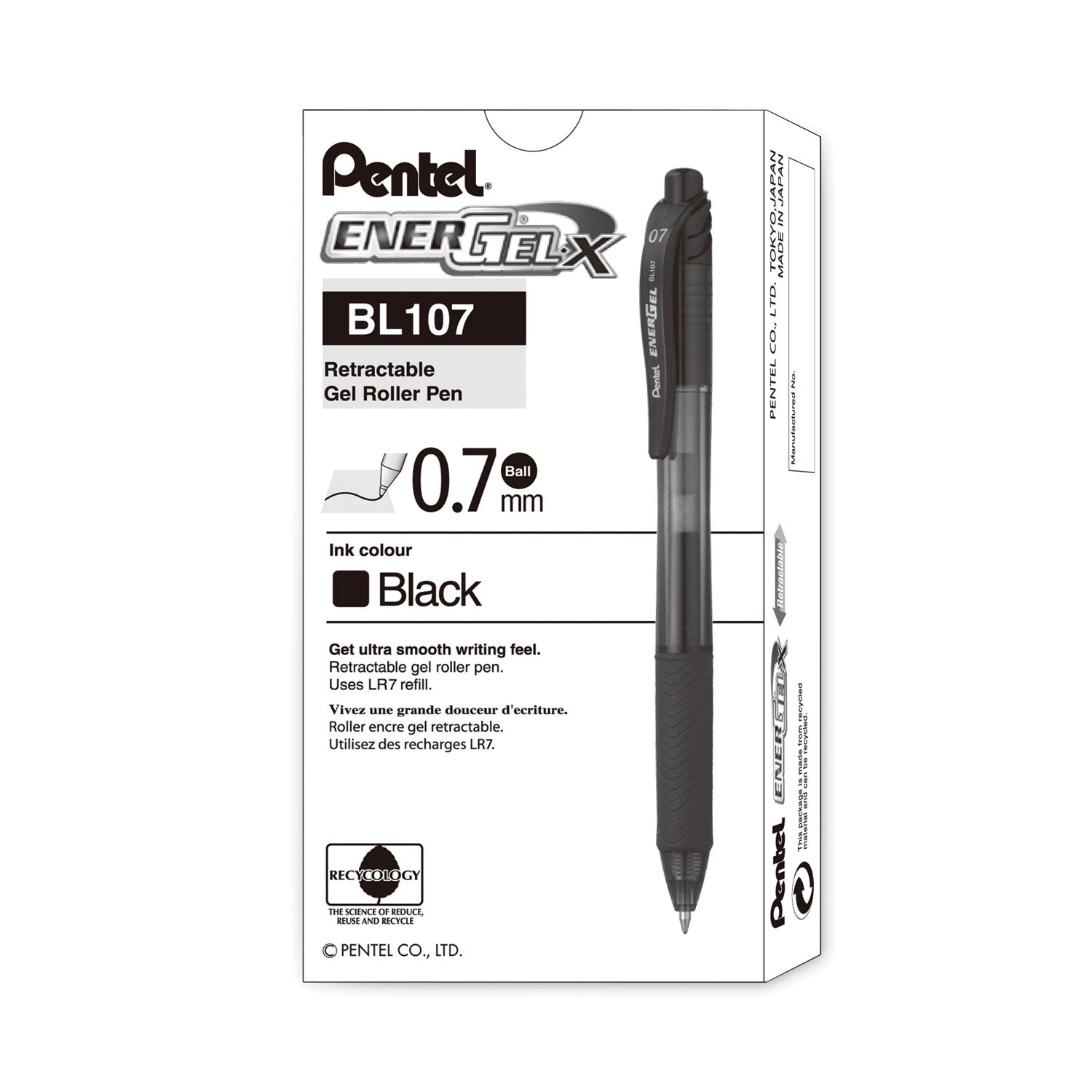 Pentel® EnerGel-X Gel Pen, Retractable, Medium 0.7 mm, Black Ink, Smoke/Black Barrel, Dozen