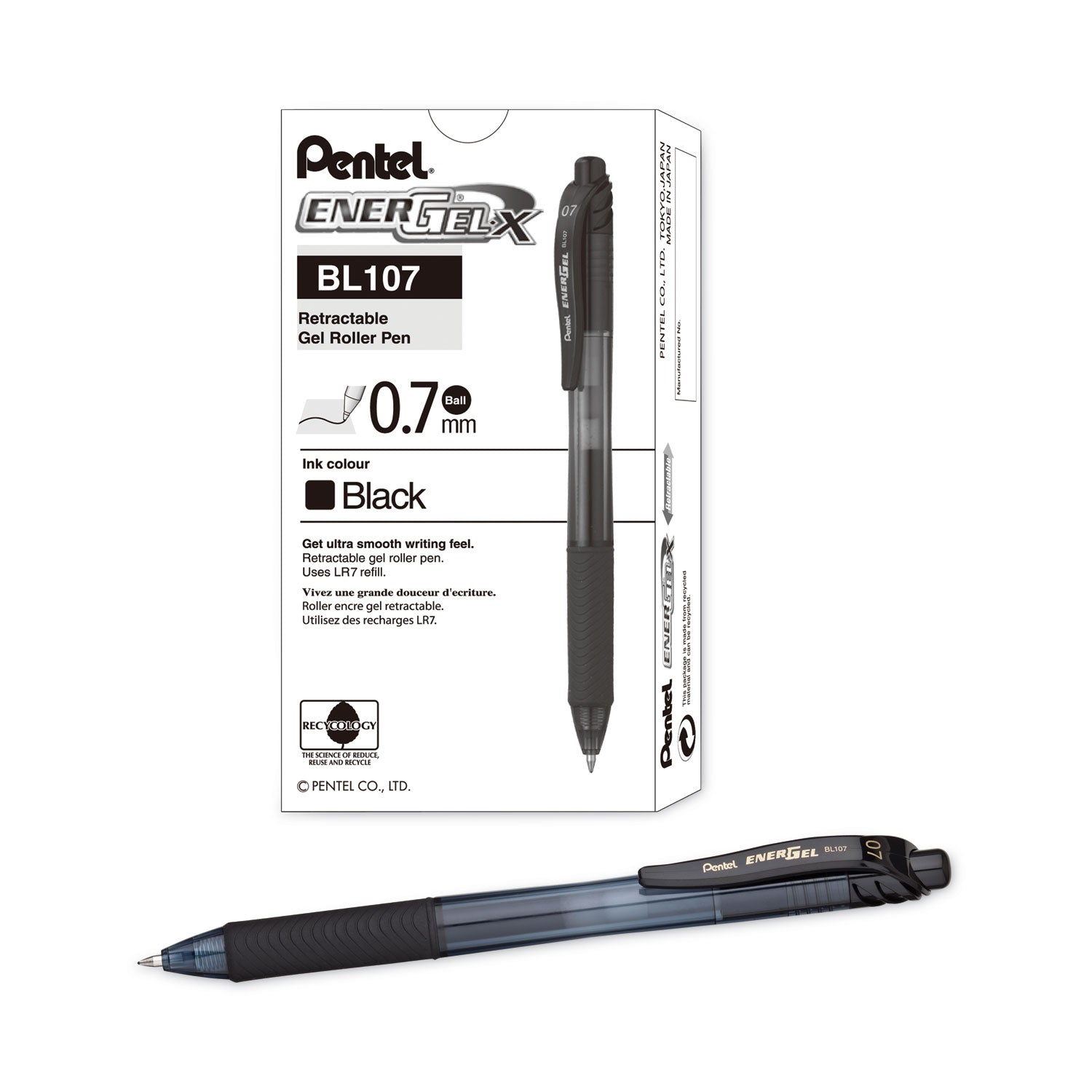 Pentel® EnerGel-X Gel Pen, Retractable, Medium 0.7 mm, Black Ink, Smoke/Black Barrel, Dozen