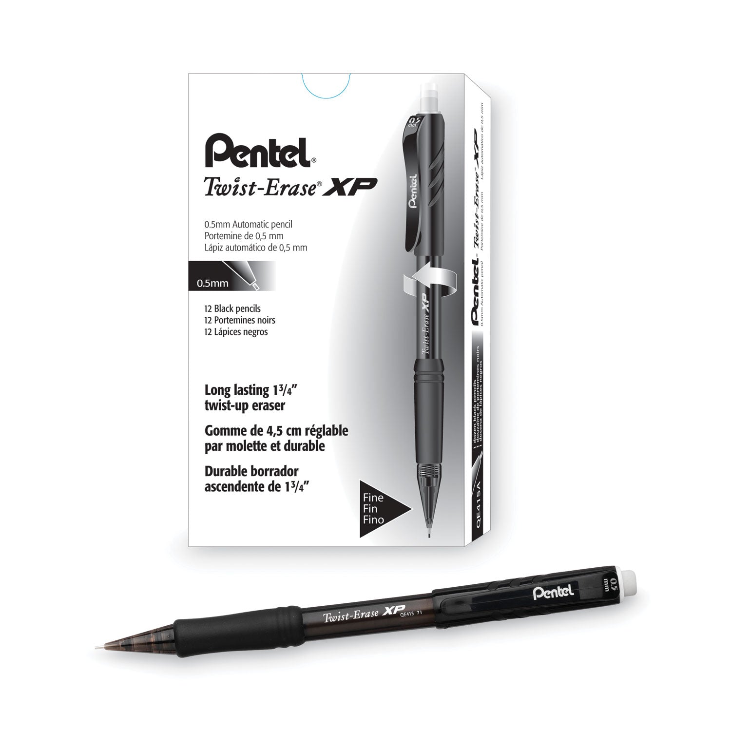 Pentel® Twist-Erase EXPRESS Mechanical Pencil, 0.5 mm, HB (#2), Black Lead, Black Barrel, Dozen