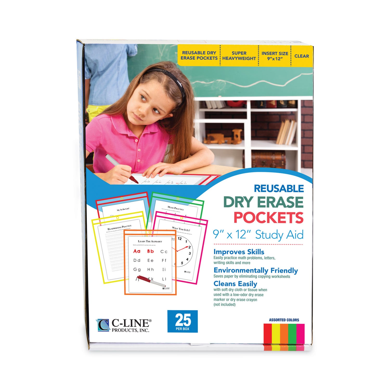 C-Line® Reusable Dry Erase Pockets, 9 X 12, Assorted Neon Colors, 25/box