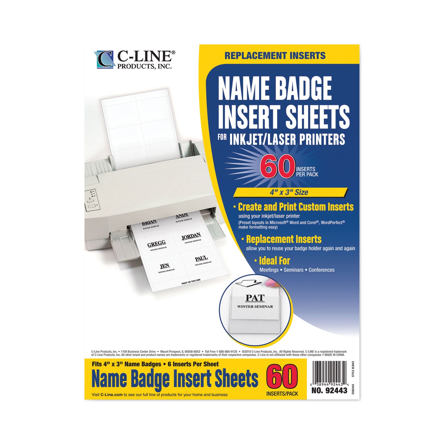 C-Line® Name Badge Inserts, 4 X 3, White, 60/pack
