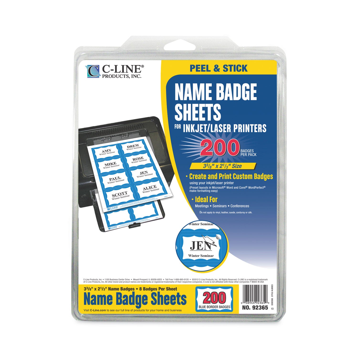 C-Line® Laser Printer Name Badges, 3 3/8 X 2 1/3, White/blue, 200/box