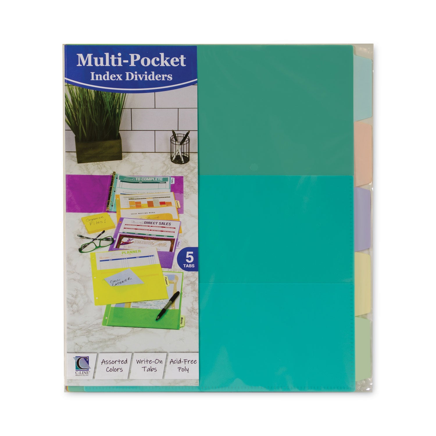 C-Line® Index Dividers With Multi-Pockets, 5-Tab, 11.5 X 10, Assorted, 1 Set