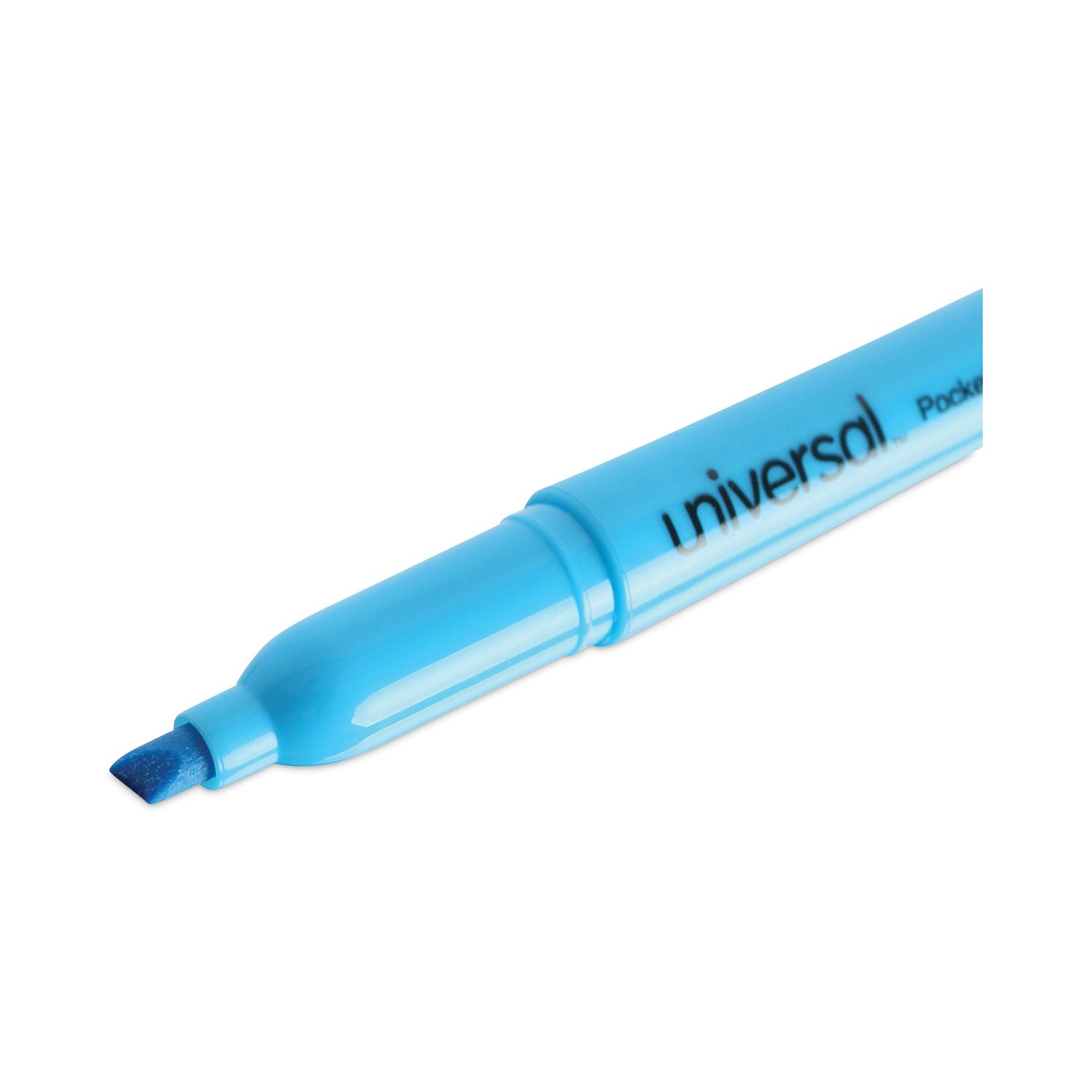 Universal™ Pocket Highlighters, Fluorescent Blue Ink, Chisel Tip, Blue Barrel, Dozen