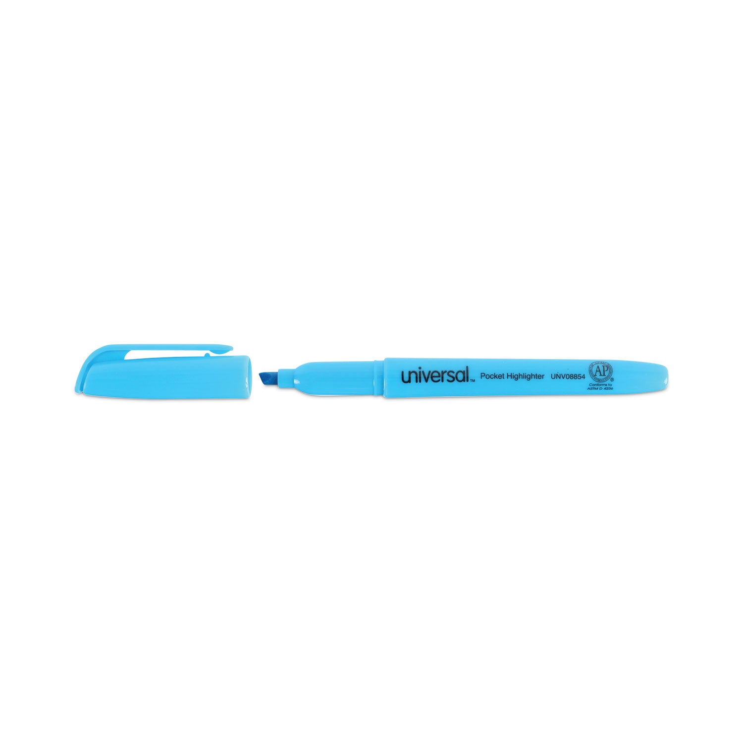 Universal™ Pocket Highlighters, Fluorescent Blue Ink, Chisel Tip, Blue Barrel, Dozen