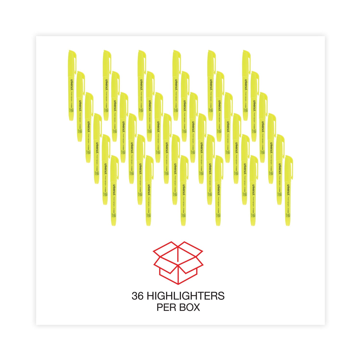 Universal™ Pocket Highlighter Value Pack, Fluorescent Yellow Ink, Chisel Tip, Yellow Barrel, 36/pack