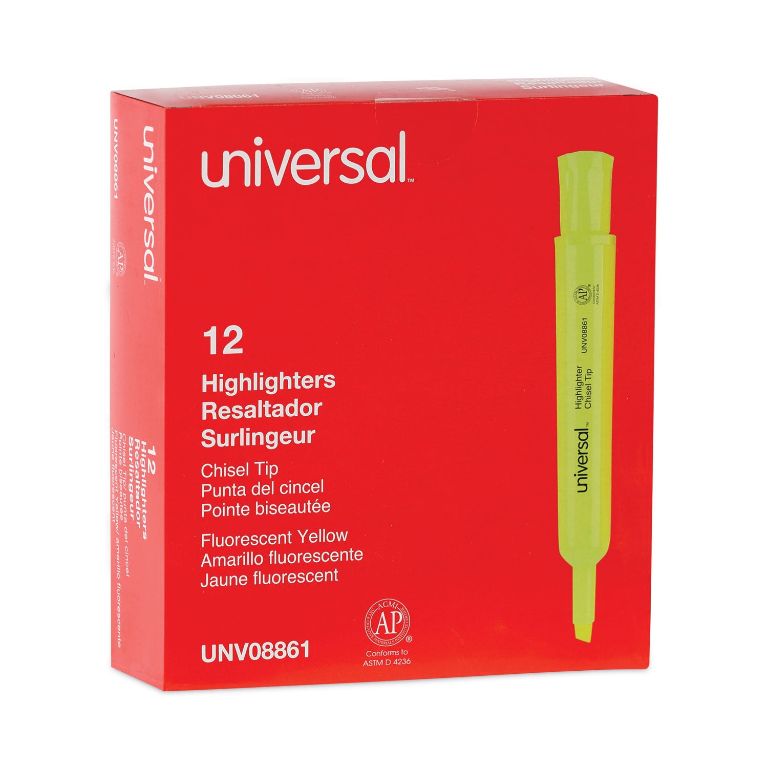 Universal™ Desk Highlighters, Fluorescent Yellow Ink, Chisel Tip, Yellow Barrel, Dozen