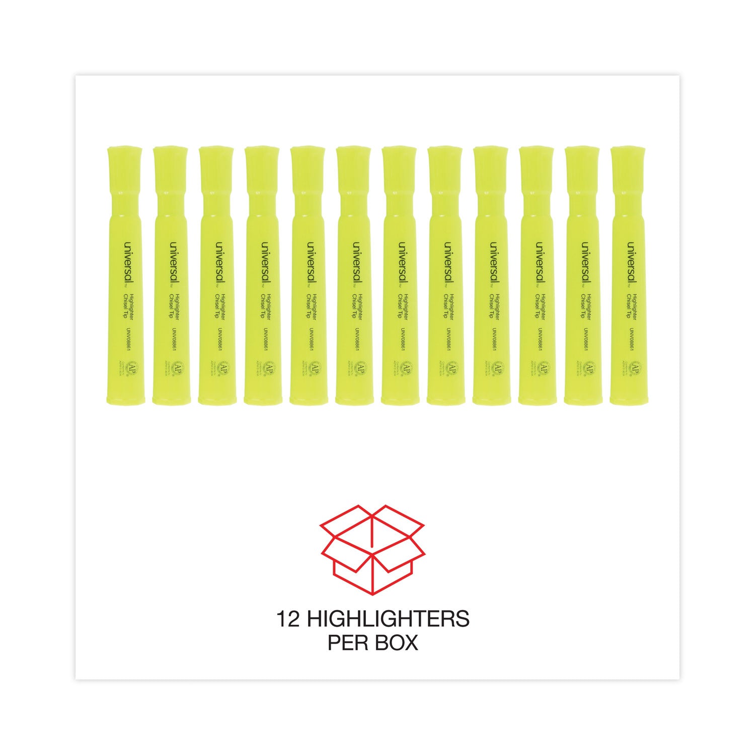 Universal™ Desk Highlighters, Fluorescent Yellow Ink, Chisel Tip, Yellow Barrel, Dozen