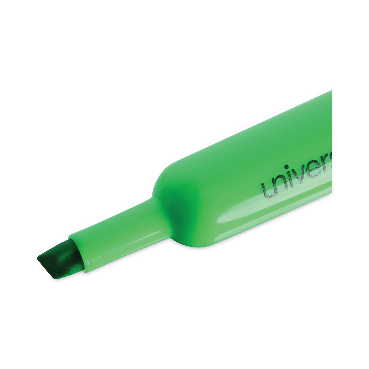 Universal™ Desk Highlighters, Fluorescent Green Ink, Chisel Tip, Green Barrel, Dozen