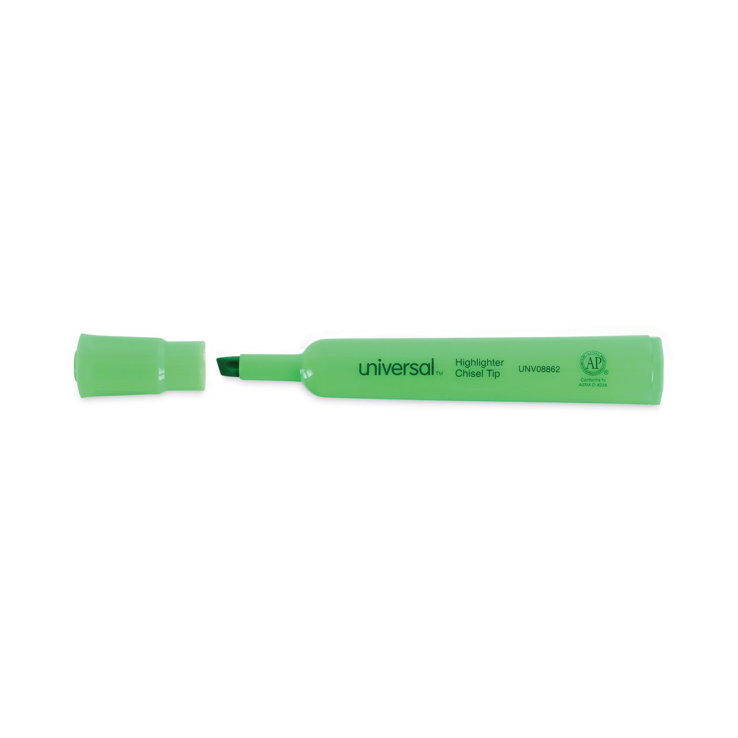 Universal™ Desk Highlighters, Fluorescent Green Ink, Chisel Tip, Green Barrel, Dozen