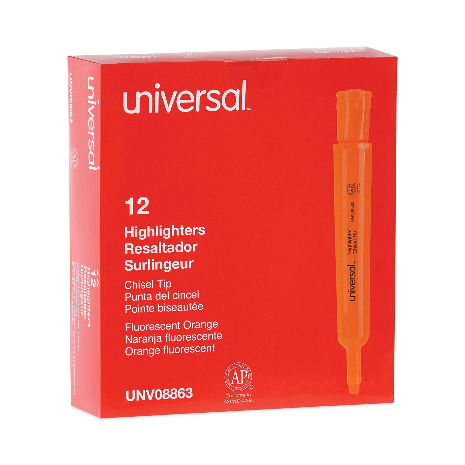 Universal™ Desk Highlighters, Fluorescent Orange Ink, Chisel Tip, Orange Barrel, Dozen