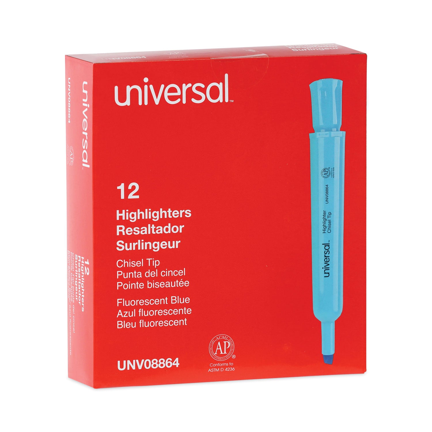 Universal™ Desk Highlighters, Fluorescent Blue Ink, Chisel Tip, Blue Barrel, Dozen