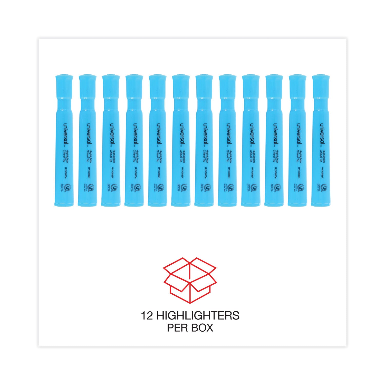 Universal™ Desk Highlighters, Fluorescent Blue Ink, Chisel Tip, Blue Barrel, Dozen