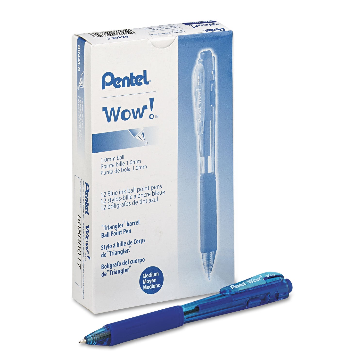 Pentel® WOW! Ballpoint Pen, Retractable, Medium 1 mm, Blue Ink, Translucent Blue/Blue Barrel, Dozen