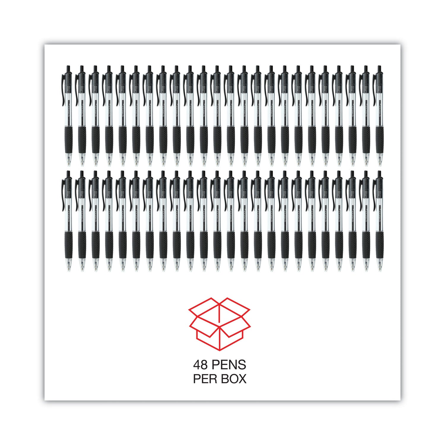 Universal™ Comfort Grip Ballpoint Pen, Retractable, Medium 1 mm, Black Ink, Clear/Black Barrel, 48/Pack