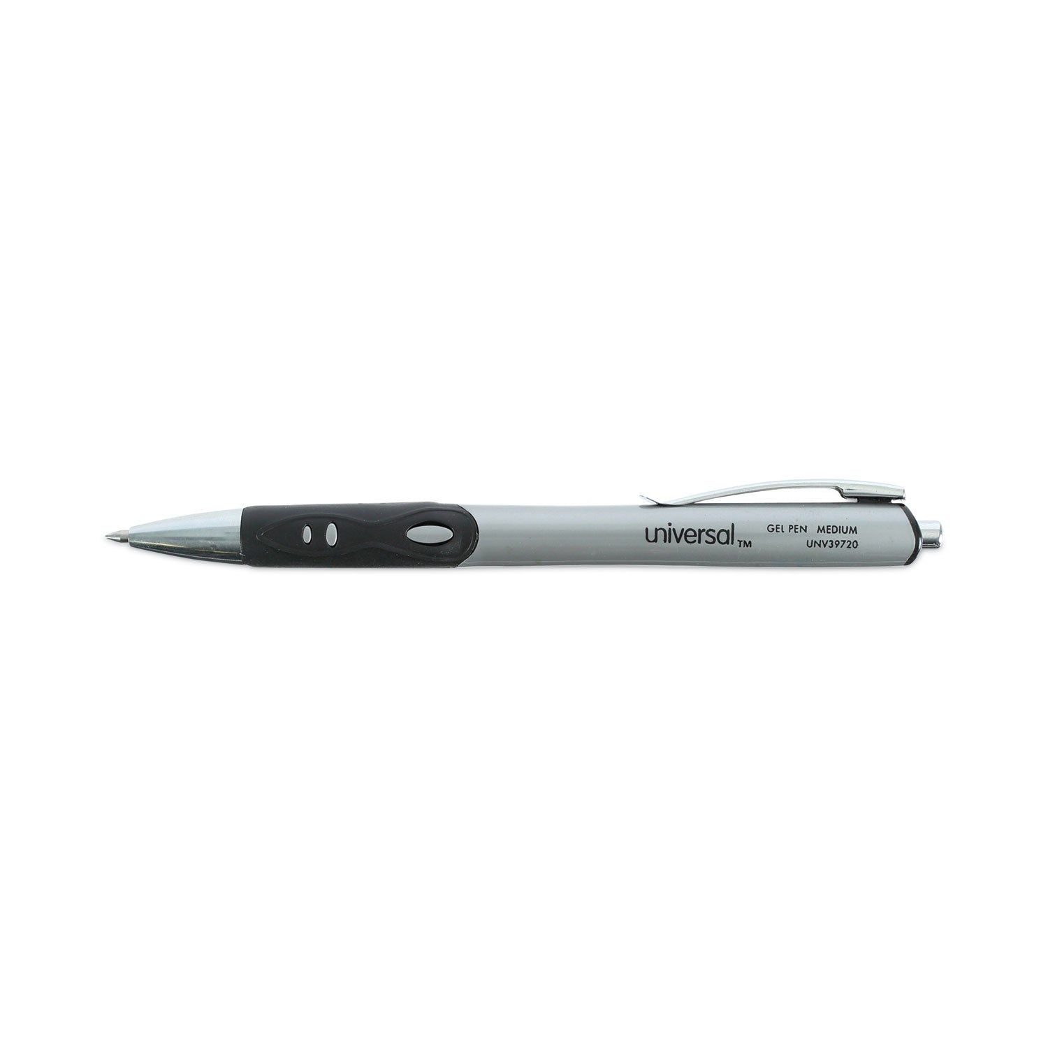 Universal™ Comfort Grip Gel Pen, Retractable, Medium 0.7 mm, Black Ink, Gray/Black/Silver Barrel, Dozen