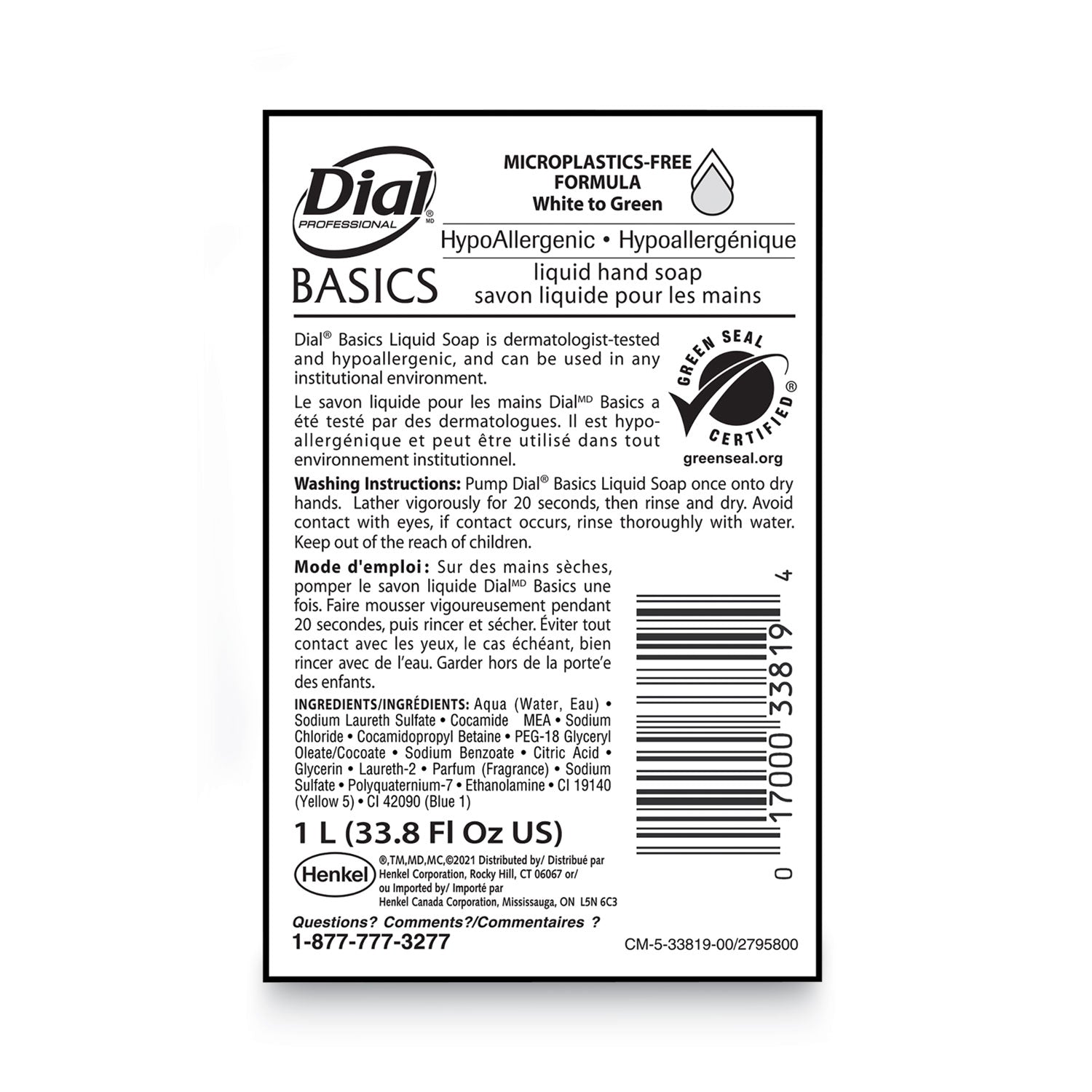Dial® Professional Basics MP Free Liquid Hand Soap Refill, Unscented, 1 L, 8/Carton