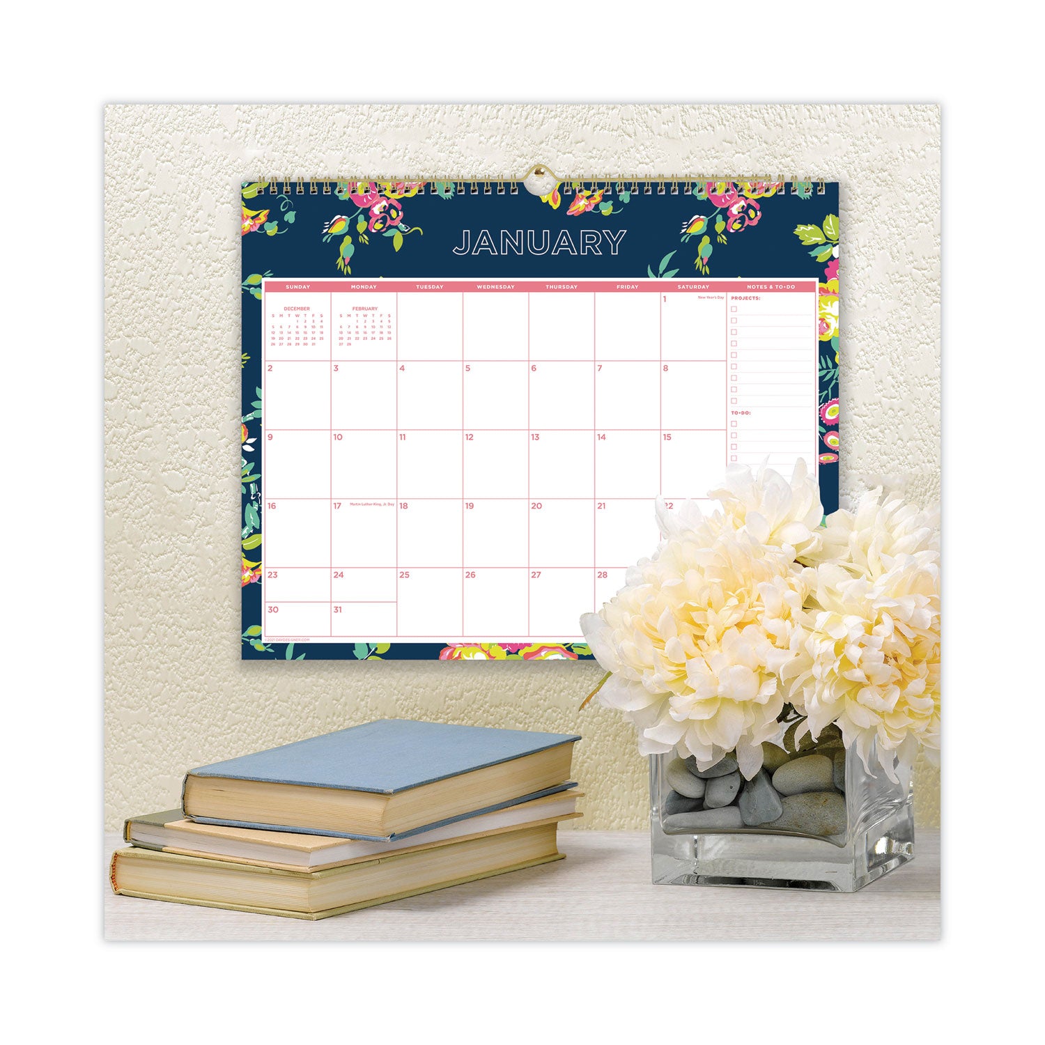 Blue Sky® Day Designer Peyton Wall Calendar, Floral Artwork, 15 x 12, White/Navy Sheets, 12-Month (Jan to Dec): 2025