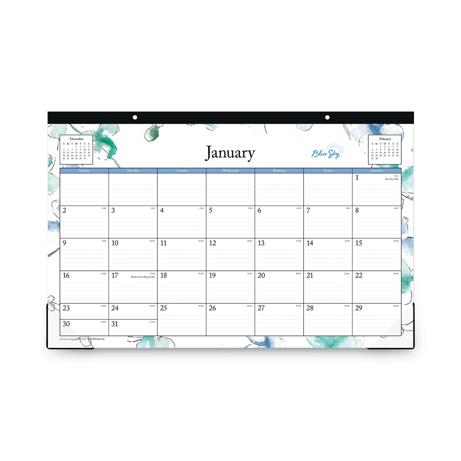 Blue Sky® Lindley Desk Pad, Floral Artwork, 17 x 11, White/Blue/Green Sheets, Black Binding, Clear Corners, 12-Month (Jan to Dec): 2025