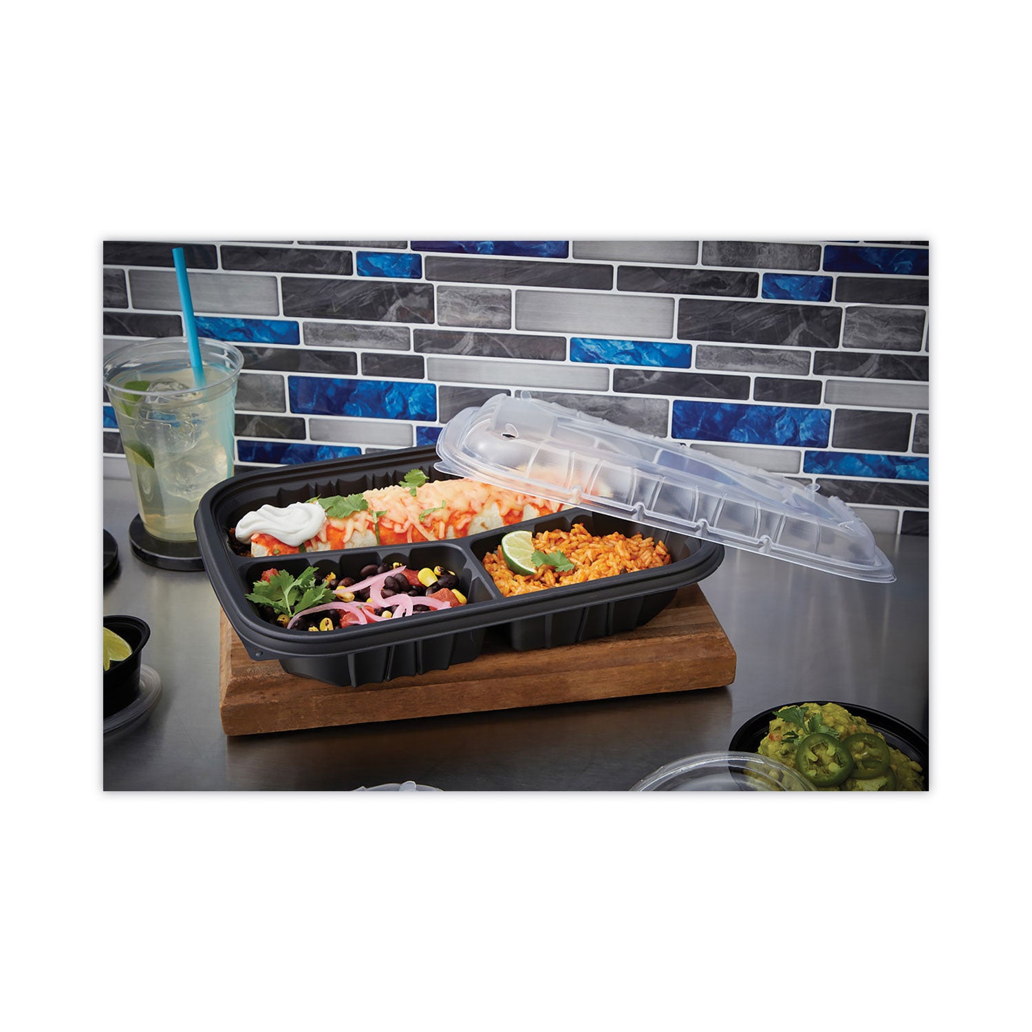 Pactiv Evergreen EarthChoice Entree2Go Takeout Container, 3 Compartments, 48 oz, 11.75 x 8.75 x 2.13, Black, Plastic, 200/Carton
