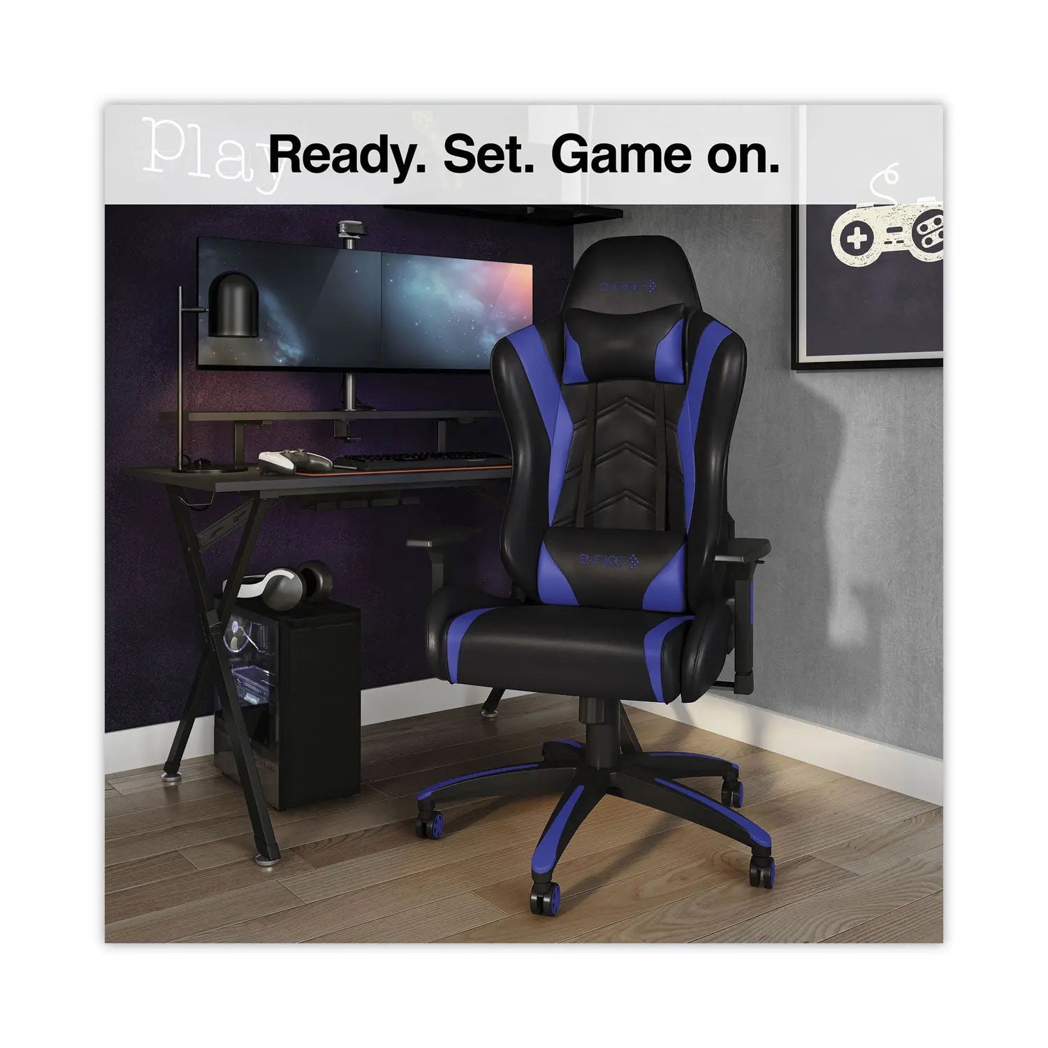 Emerge™ Vartan Bonded Leather Gaming Chair, Supports Up to 275 lbs, Blue/Black Seat, Blue/Black Back, Black Base Emerge™ Flipcost