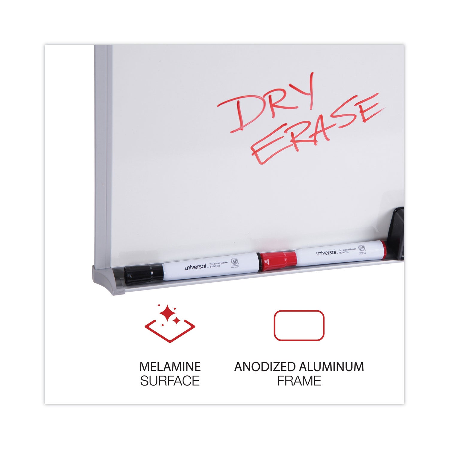 Universal® Melamine Dry Erase Board with Aluminum Frame, 48" x 36", White Surface, Anodized Aluminum Frame