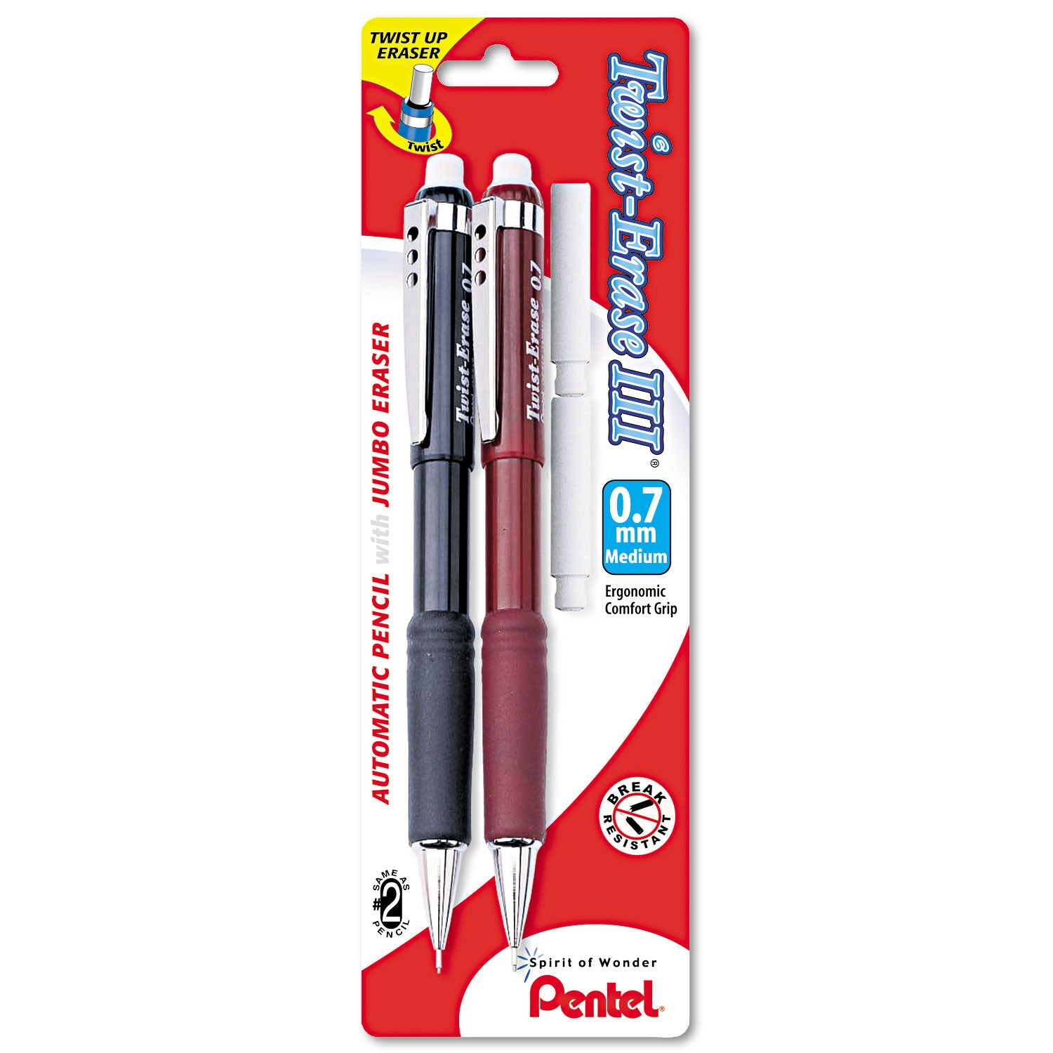 Twist-Erase III Mechanical Pencil, 0.7 mm, HB (#2), Black Lead, Assorted Barrel Colors, 2/Pack