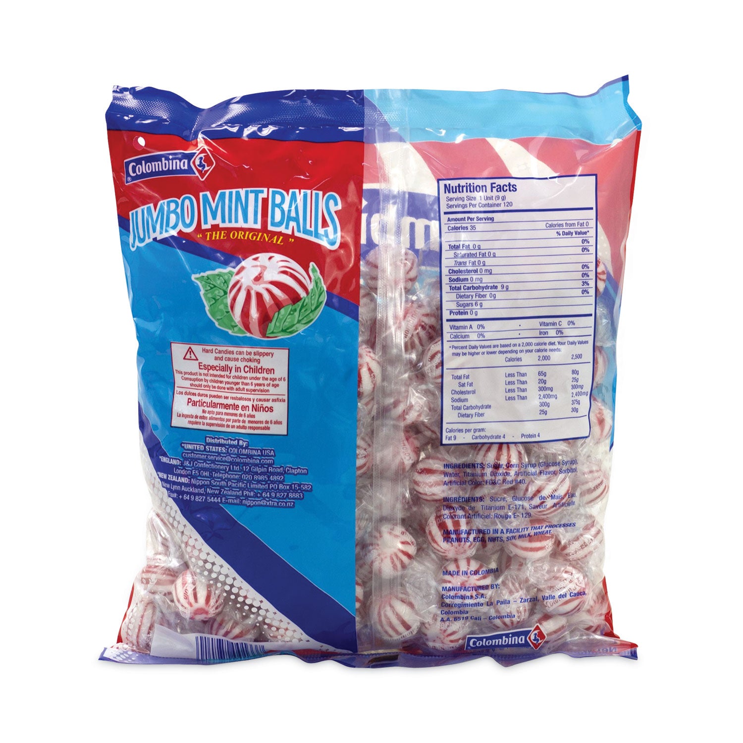 Colombina Jumbo Peppermint Balls Bag, 0.04 oz, 120 Balls/Bag, 1 Bag/Carton