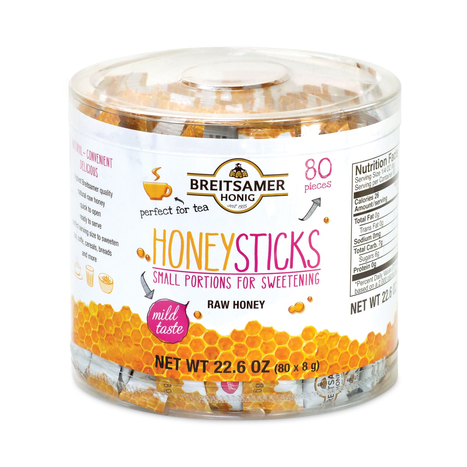 Breitsamer Honig Raw Honey Sticks, 0.28 oz, 80 Sticks/Tub, 1 Tub/Carton