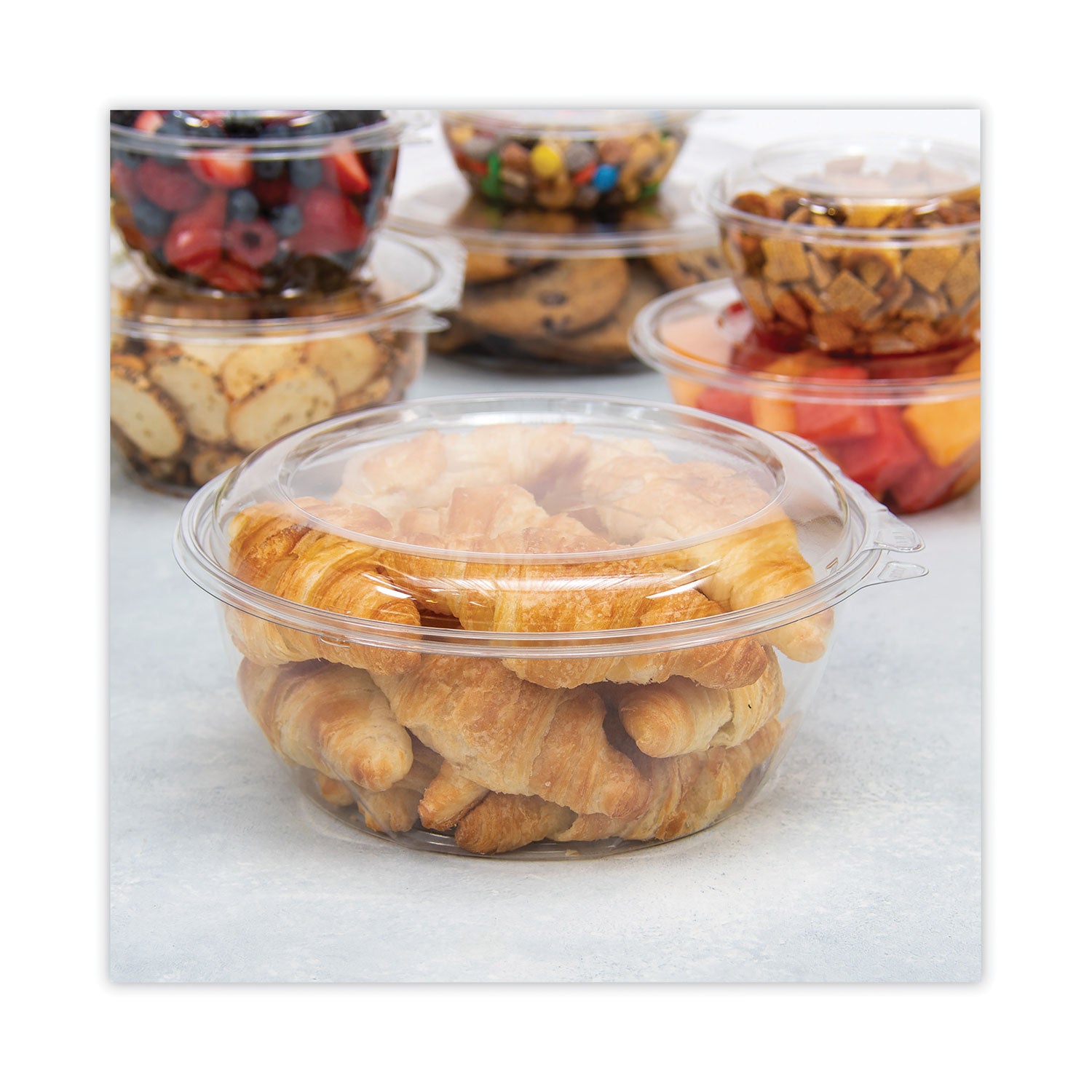 Dart® Tamper-Resistant, Tamper-Evident Bowls with Dome Lid, 64 oz, 8.9" Diameter x 4" h, Clear, Plastic, 100/Carton