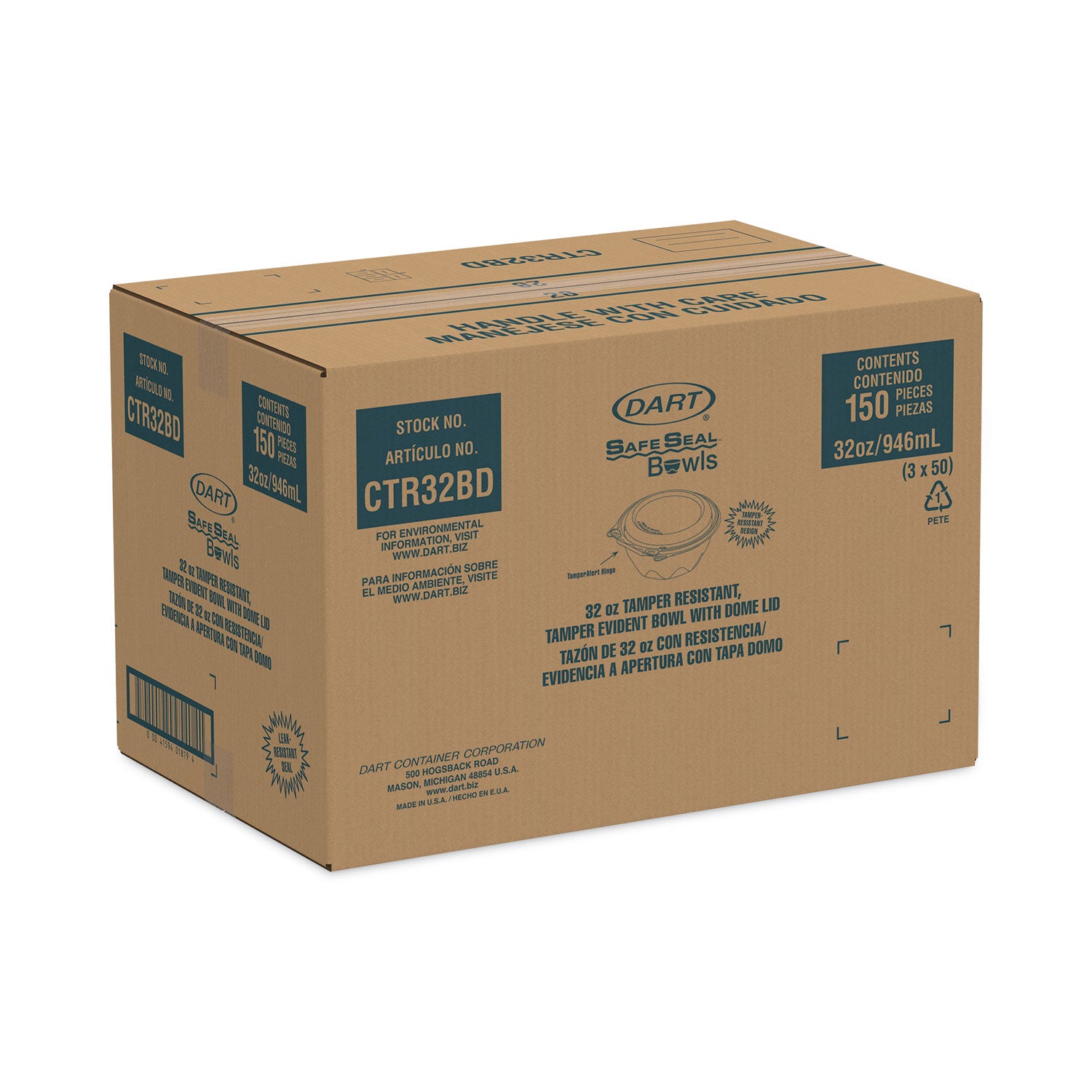 Dart® Tamper-Resistant, Tamper-Evident Bowls with Dome Lid, 32 oz, 7" Diameter x 3.4" h, Clear, Plastic, 150/Carton