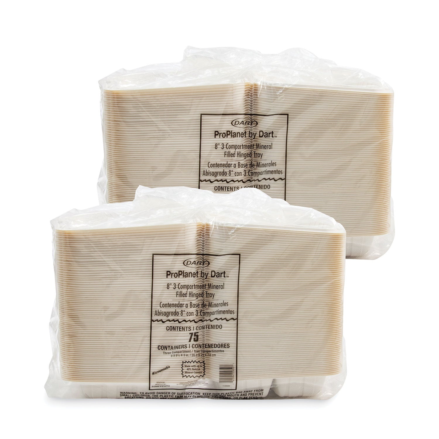 Dart® Hinged Lid Containers, 3 Compartments, 8.3 x 8 x 3, White, Plastic, 150/Carton