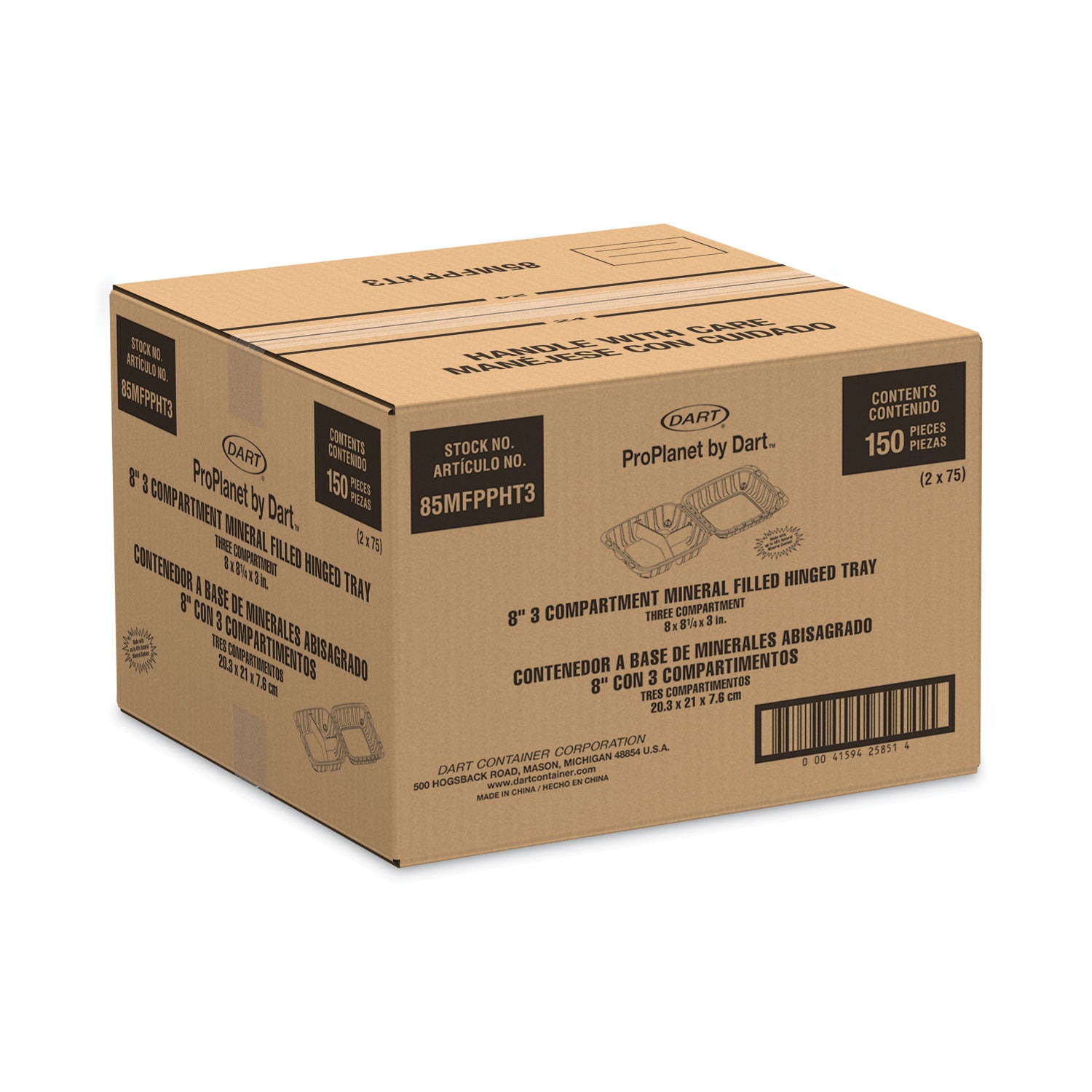 Dart® Hinged Lid Containers, 3 Compartments, 8.3 x 8 x 3, White, Plastic, 150/Carton