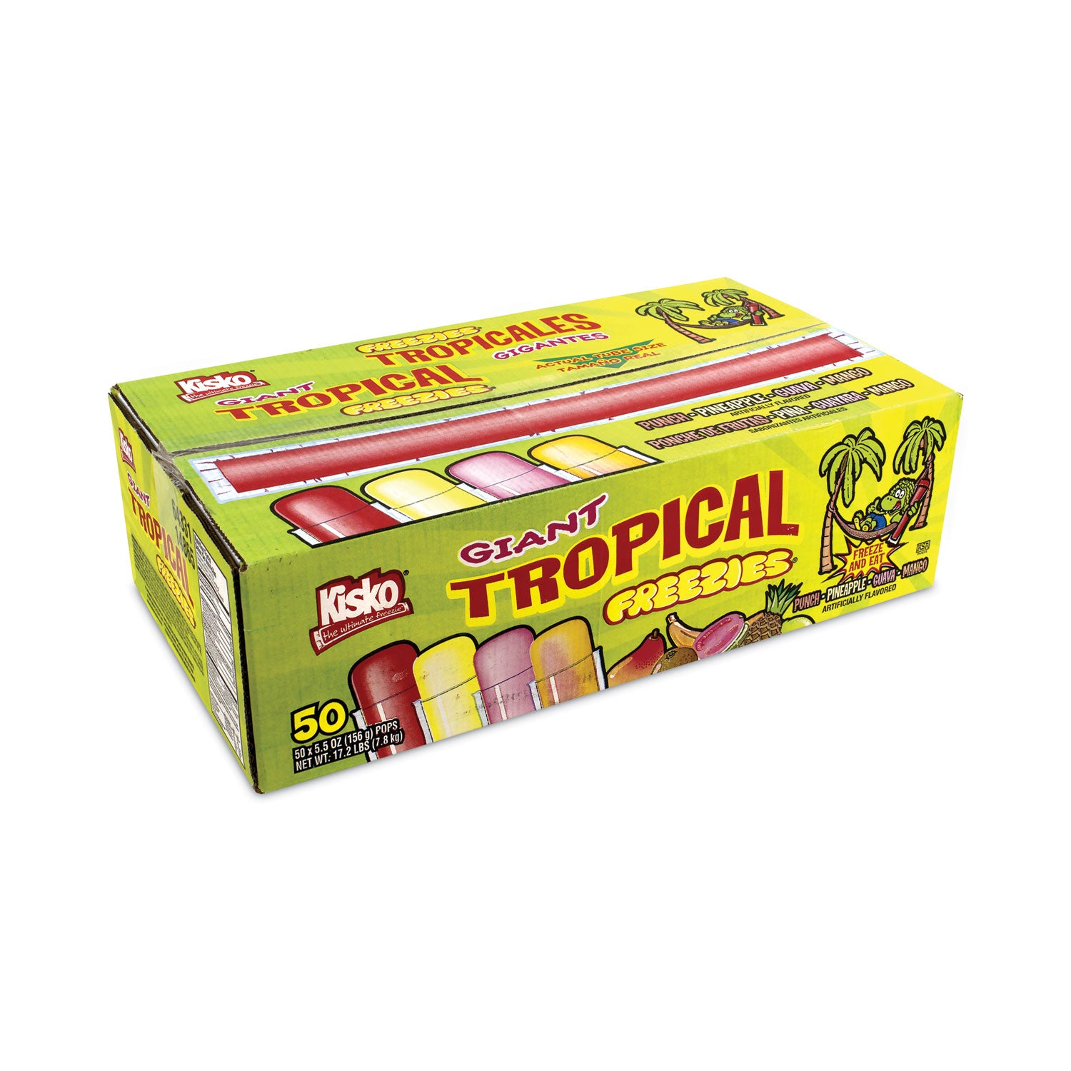 Kisko® Giant Tropical Freezies Ice Pops, 5.5 oz Tube, Fruit Punch, Guava, Mango, Pineapple, 50/Carton