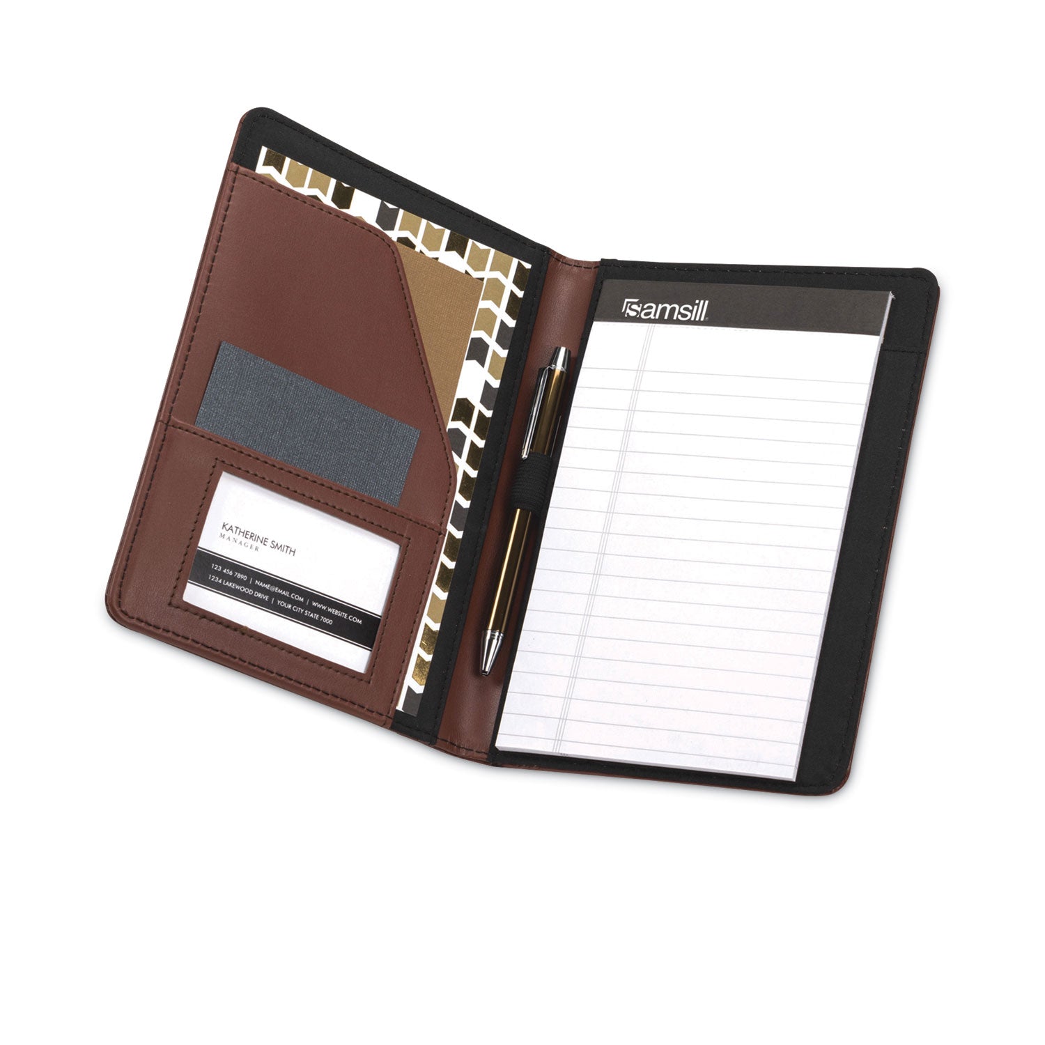 Samsill® Contrast Stitch Leather Padfolio, 6.25w x 8.75h, Open Style, Brown