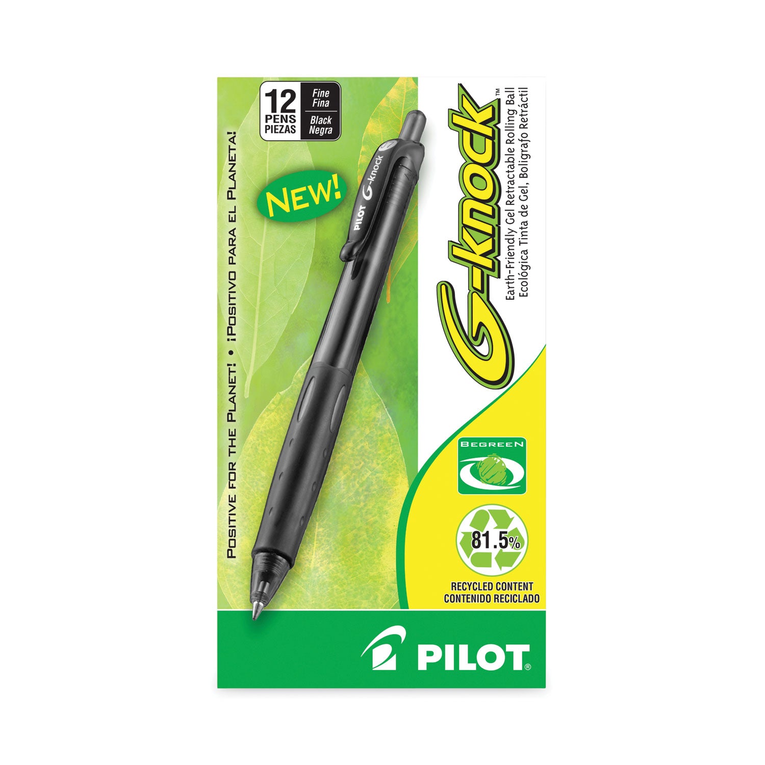 Pilot® G-Knock BeGreen Gel Pen, Retractable, Fine 0.7 mm, Black Ink, Smoke/Black Barrel, Dozen