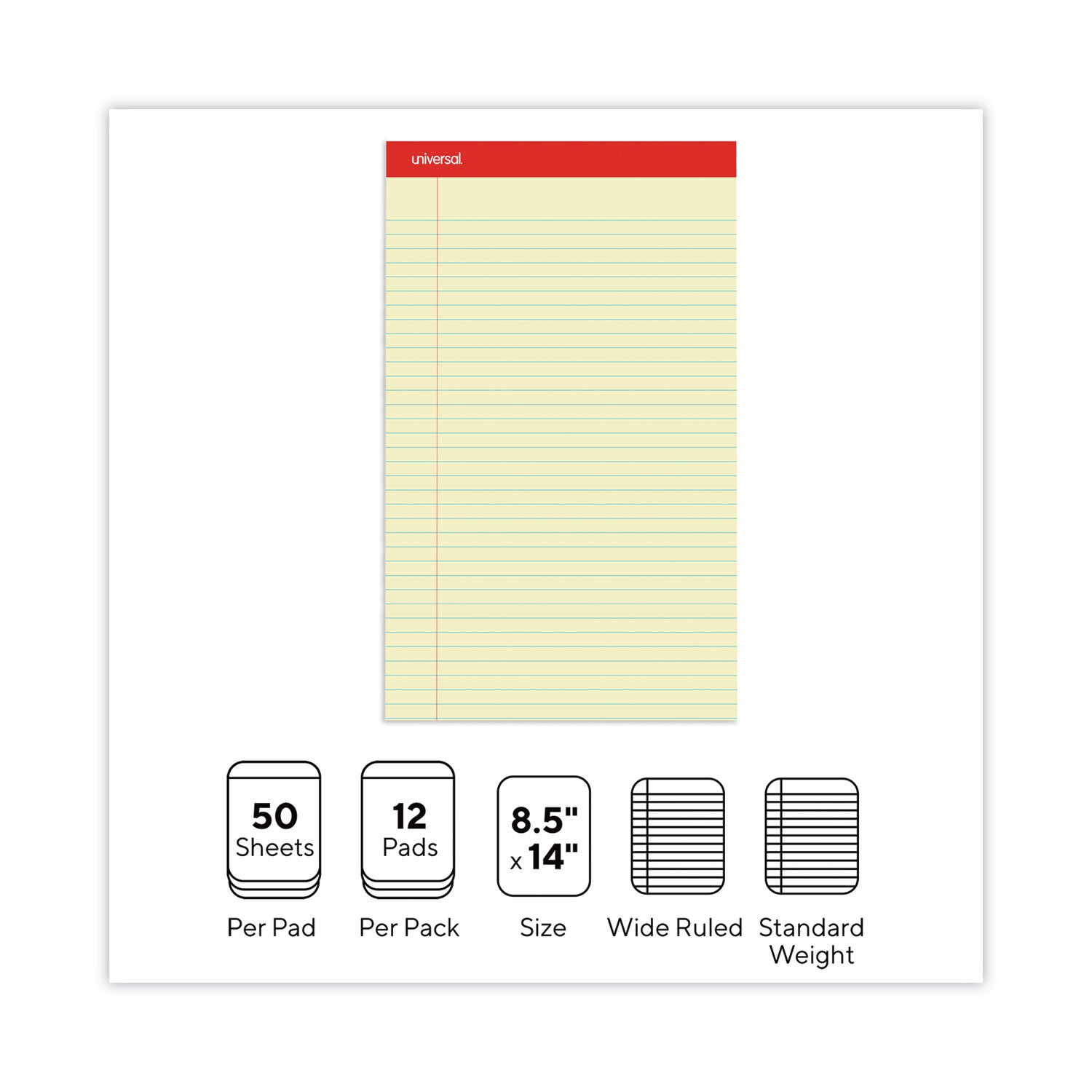 Universal® Perforated Ruled Writing Pads, Wide/legal Rule, Red Headband, 50 Canary-Yellow 8.5 X 14 Sheets, Dozen