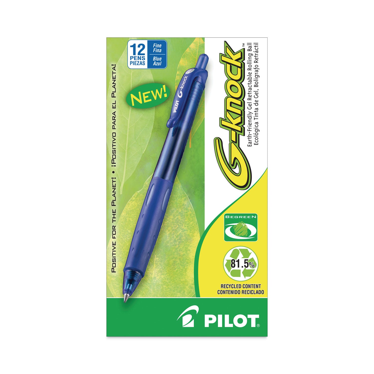 Pilot® G-Knock BeGreen Gel Pen, Retractable, Fine 0.7 mm, Blue Ink, Translucent Blue/Blue Barrel, Dozen
