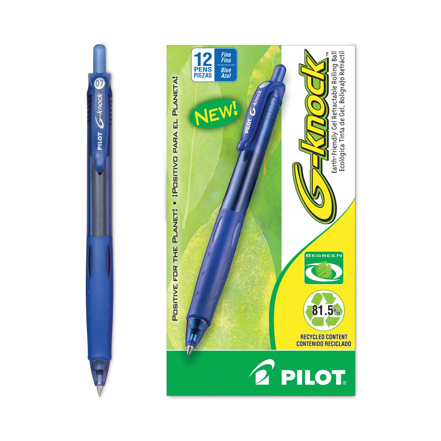 Pilot® G-Knock BeGreen Gel Pen, Retractable, Fine 0.7 mm, Blue Ink, Translucent Blue/Blue Barrel, Dozen