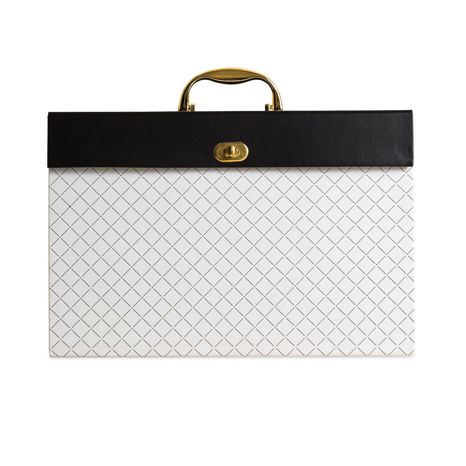 Expanding File Box, 5.25" Expansion, 19 Sections, Twist-Lock Latch Closure, 2/5-Cut Tabs, Letter Size, White/Black/Gold