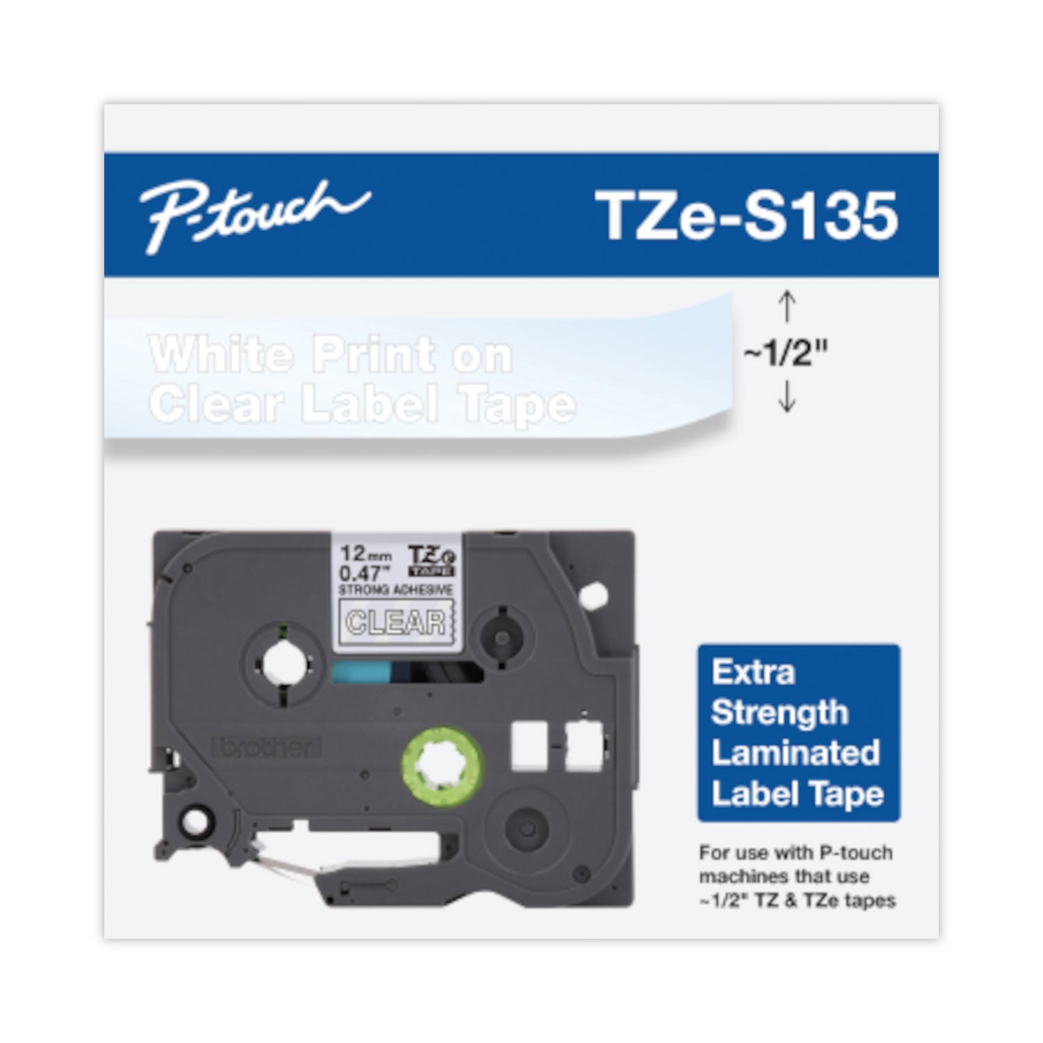 Brother P-Touch® Tz Extra-Strength Adhesive Laminated Labeling Tape, 0.47" X 26.2 Ft, White On Clear
