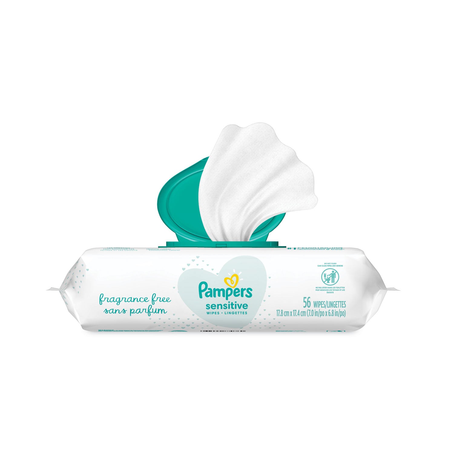 Pampers® Sensitive Baby Wipes, 1-Ply, 6.8 x 7, Unscented, White, 56/Pack, 8 Packs/Carton