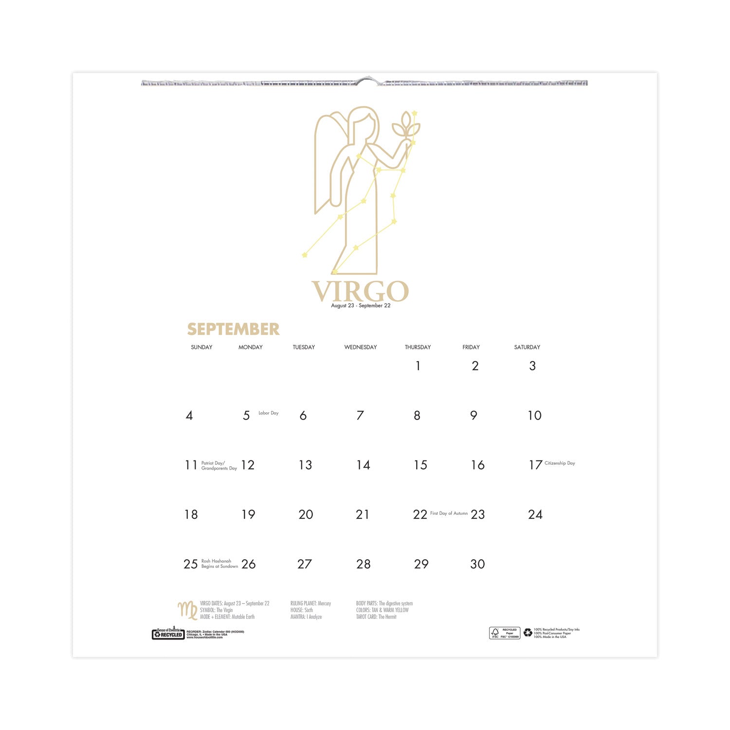 House of Doolittle™ Recycled Academic Zodiac Wall Calendar, 11 x 14, Multicolor Sheets, 12-Month (Aug to July): 2024 to 2025