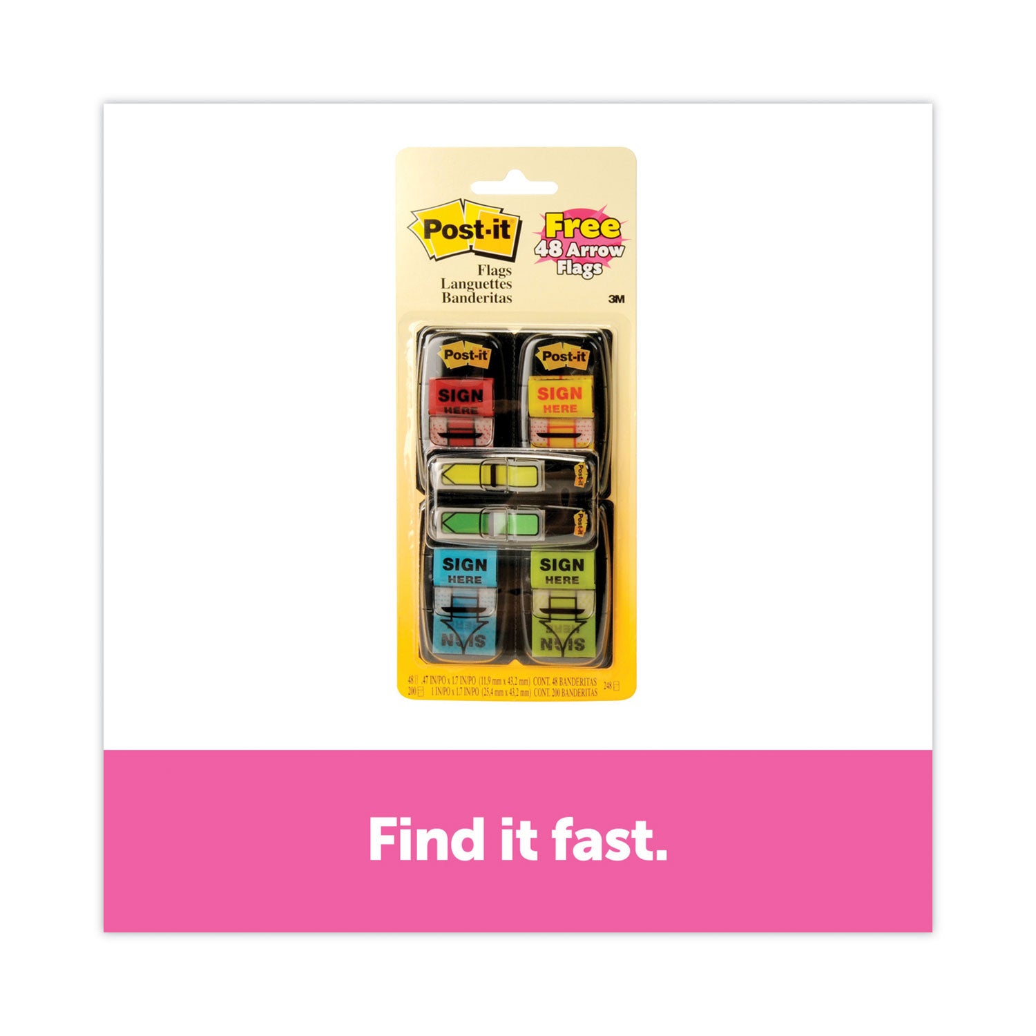 Post-it® Flags Arrow Message 1" Page Flags,  200 "Sign Here", 48 Arrow, Four Colors, 248/Pack