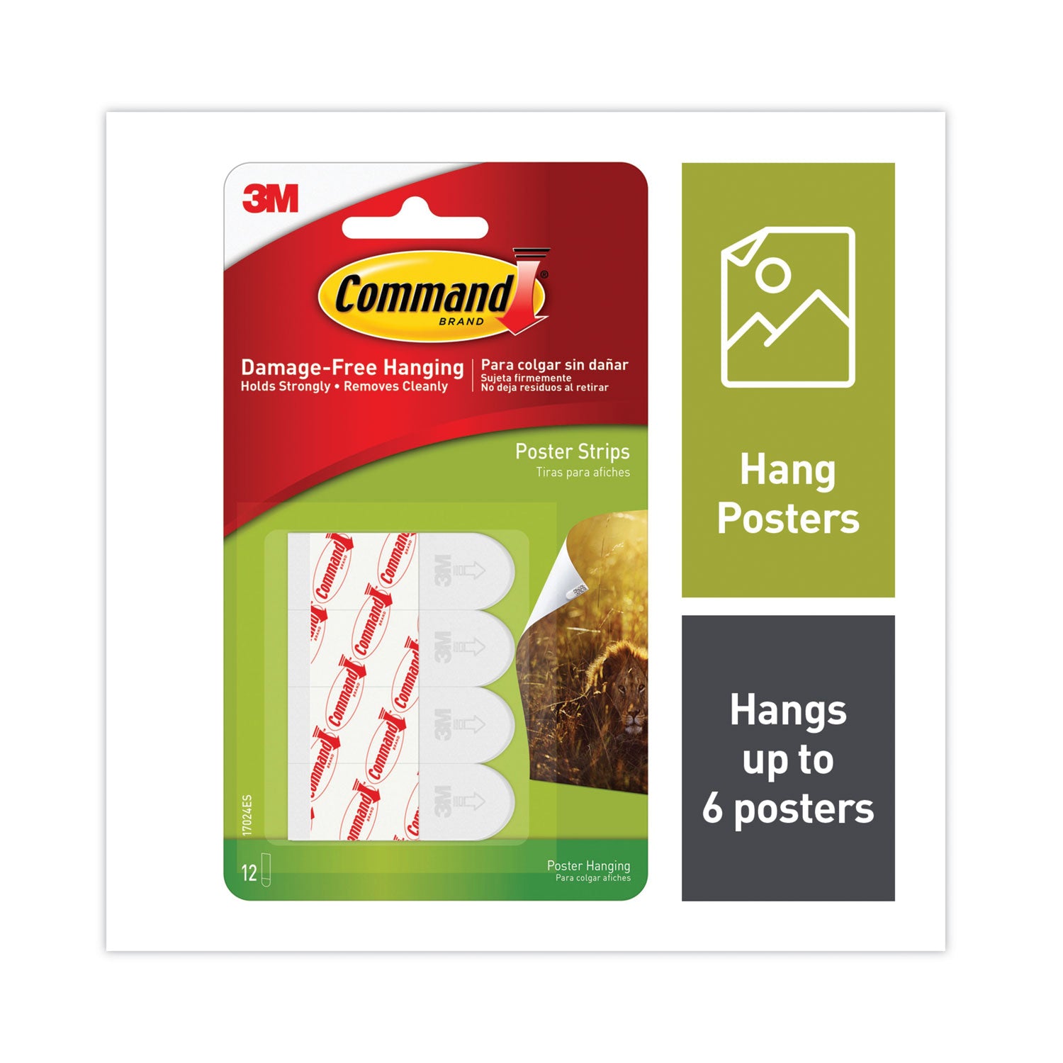 Command™ Poster Strips, Removable, Holds Up To 1 Lb Per Pair, 0.63 X 1.75, White, 12/pack