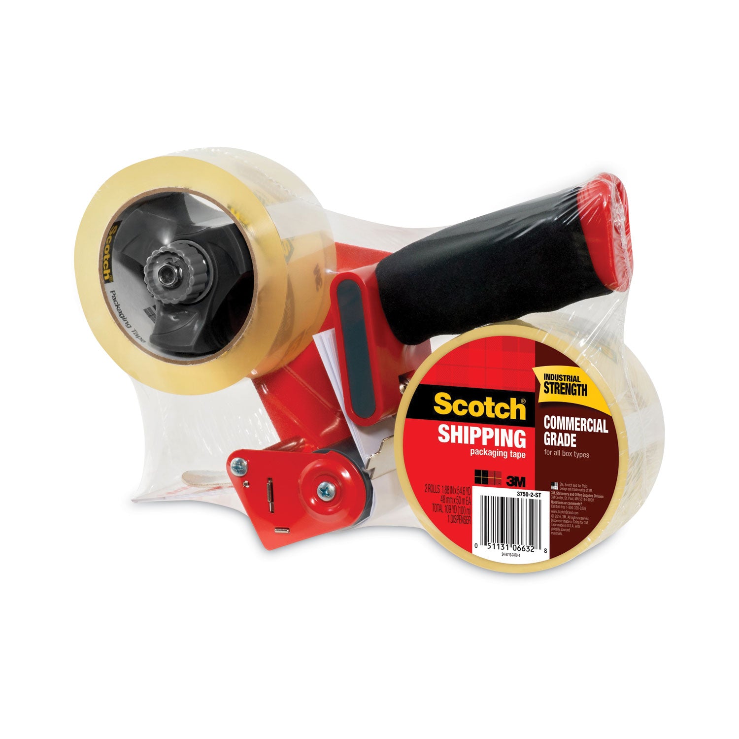 Scotch® Packaging Tape Dispenser With Two Rolls Of Tape, 3" Core, For Rolls Up To 0.75" X 60 Yds, Red