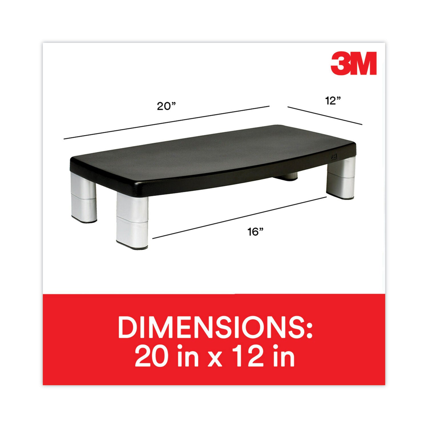 3M™ Extra-Wide Adjustable Monitor Stand, 20" X 12" X 1" To 5.78", Silver/black, Supports 40 Lbs