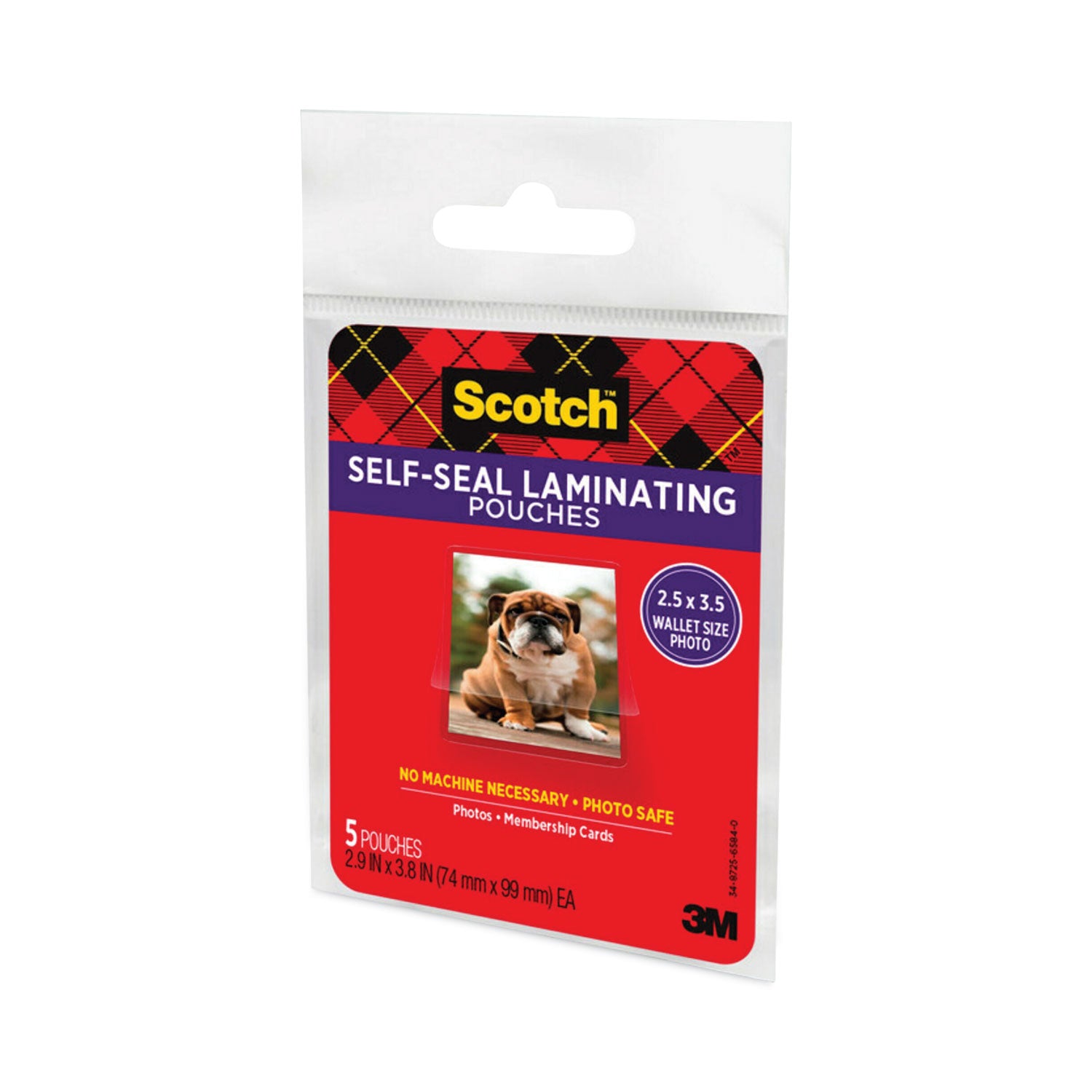 Scotch™ Self-Sealing Laminating Pouches, 9.5 Mil, 2.81" X 3.75", Gloss Clear, 5/pack