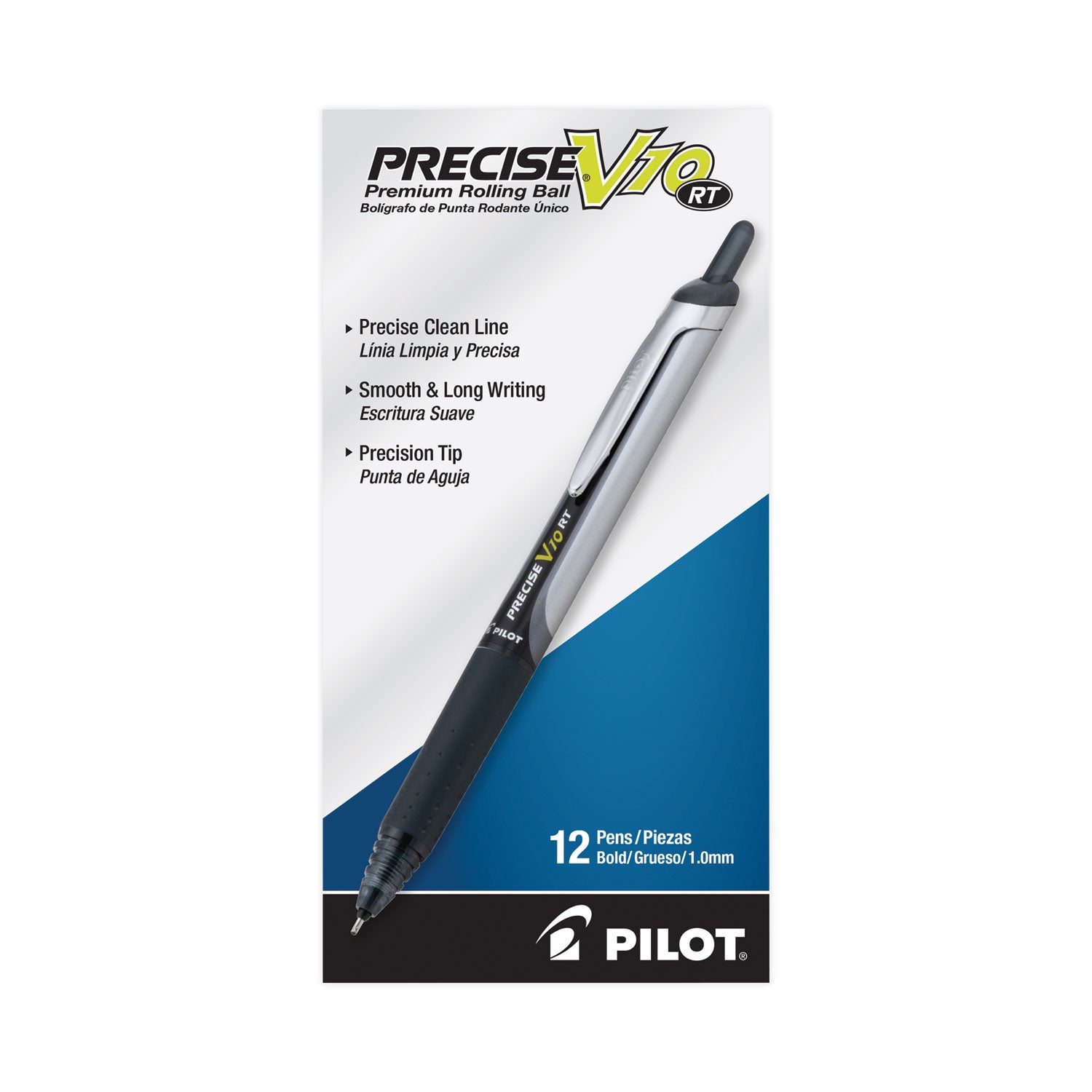 Pilot® Precise V10RT Rollerball Pen, Retractable, Bold 1 mm, Black Ink, Black Barrel, Dozen